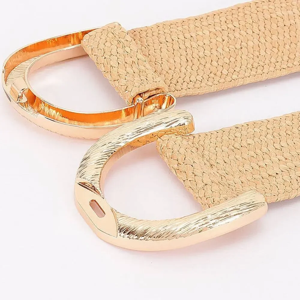 Straw Wide Dual Buckle Elastic Belt - Khaki/Gold